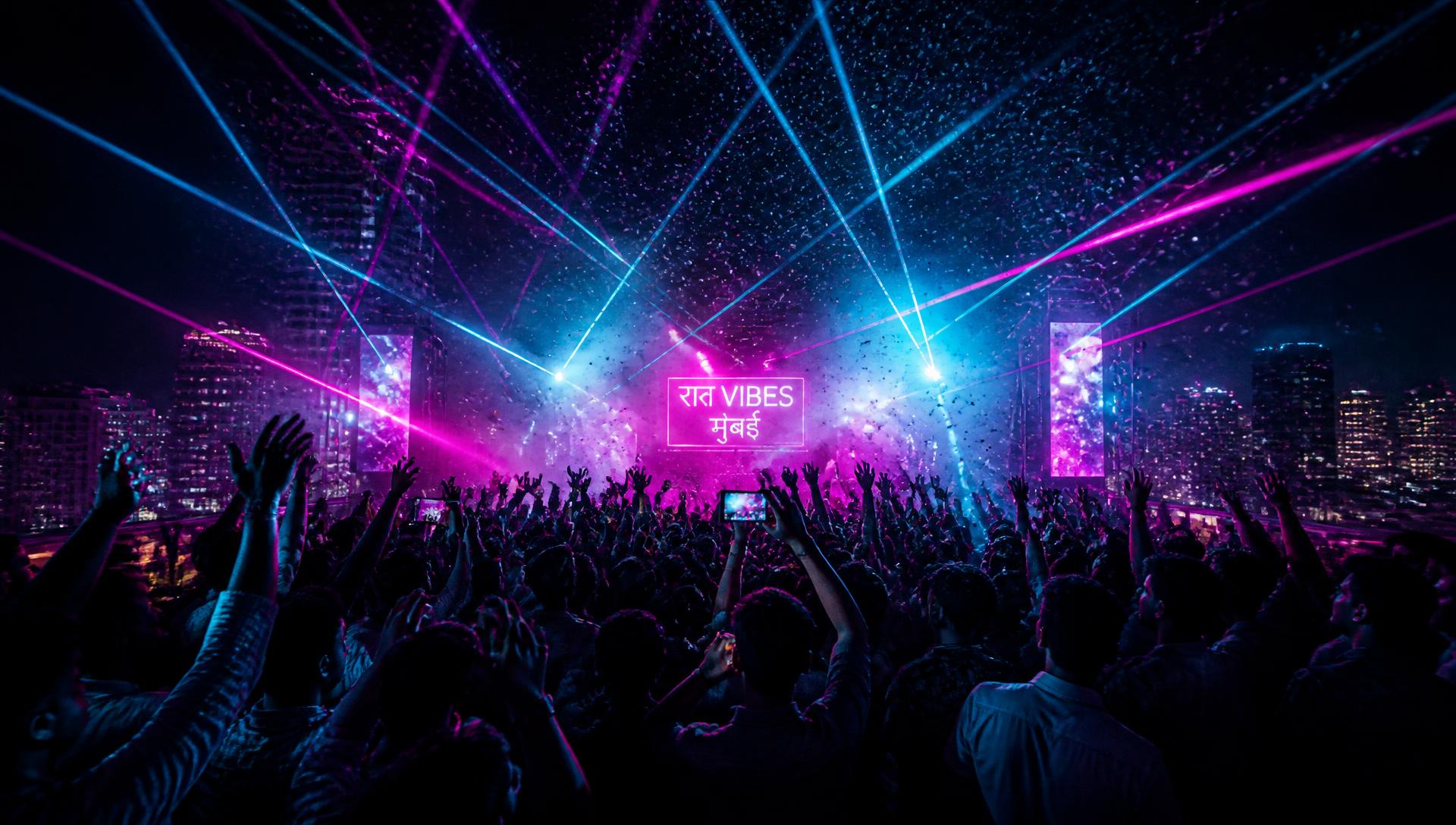 Crowd celebrating under magenta and cyan lasers at a rooftop party